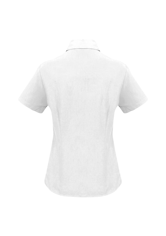 A white women's short sleeve button-up shirt with a collar, featuring a logo on the back.