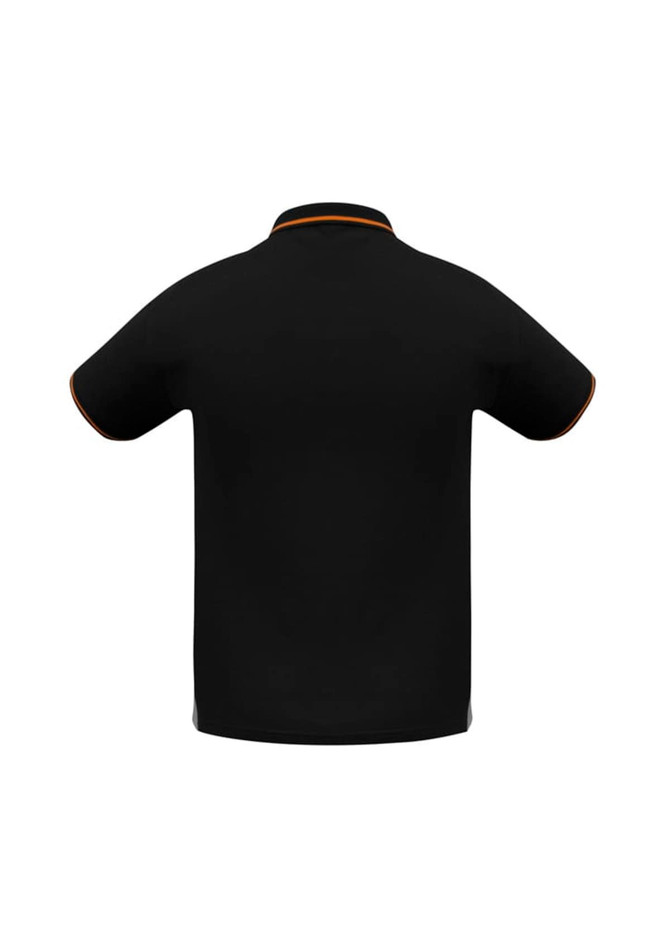 A black men's polo shirt with short sleeves, featuring contrasting trim and a branding logo.