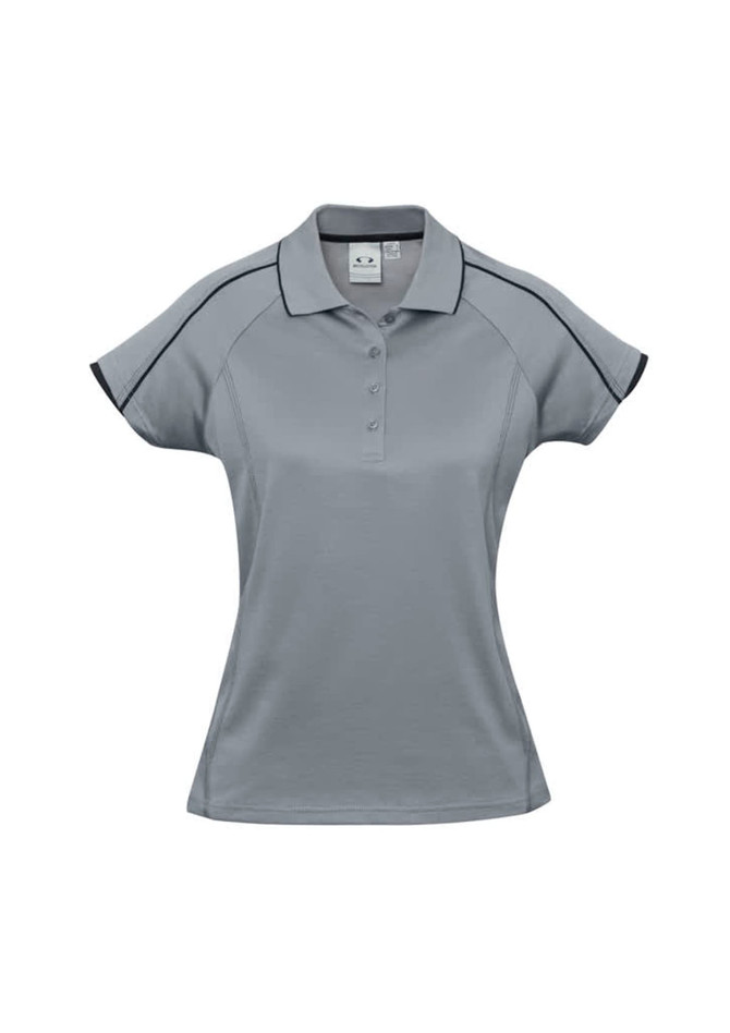 A women's short sleeve polo shirt in grey with black detailing and a logo.