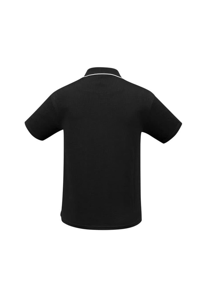 A black women's short sleeve polo shirt featuring a subtle texture and a collar, with a logo on the side.