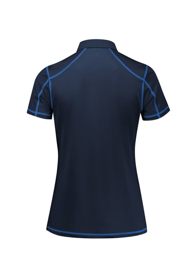 A navy blue short sleeve polo shirt with contrasting blue stitching and a logo on the chest.