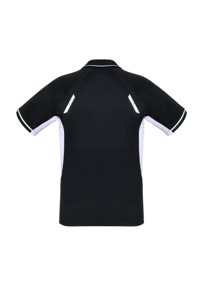 A black short sleeve polo shirt with white accents and reflective detailing, featuring a logo on the front.