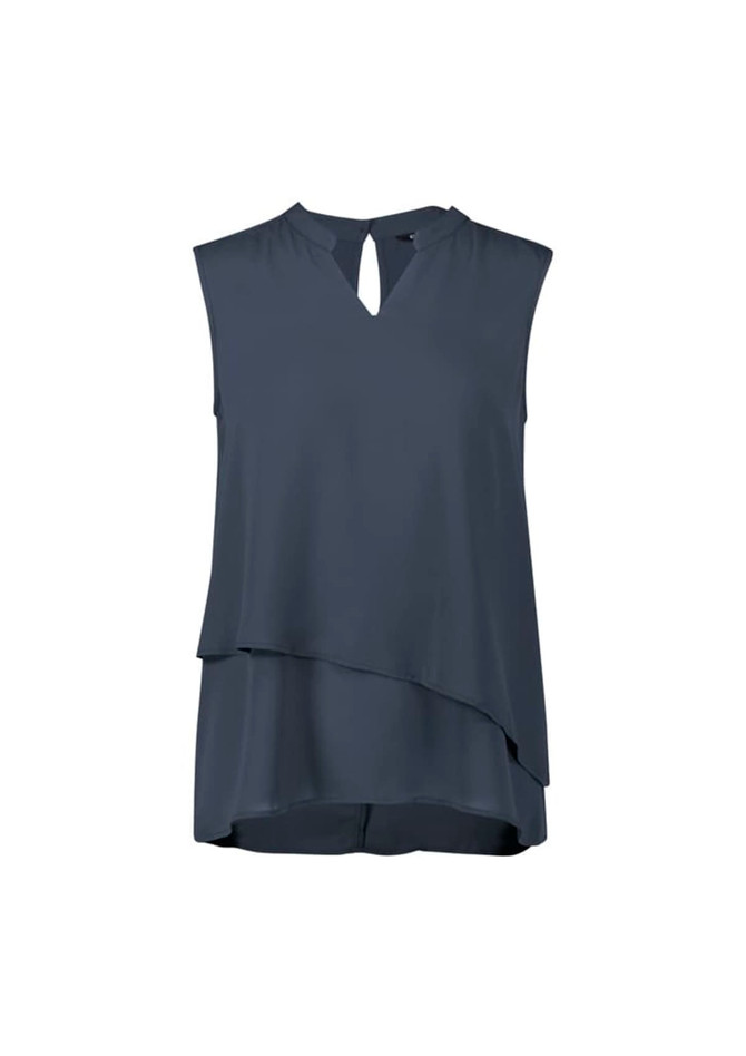 A sleeveless layered blouse in a deep blue colour with a keyhole neckline and a flowing cut. Features a logo.
