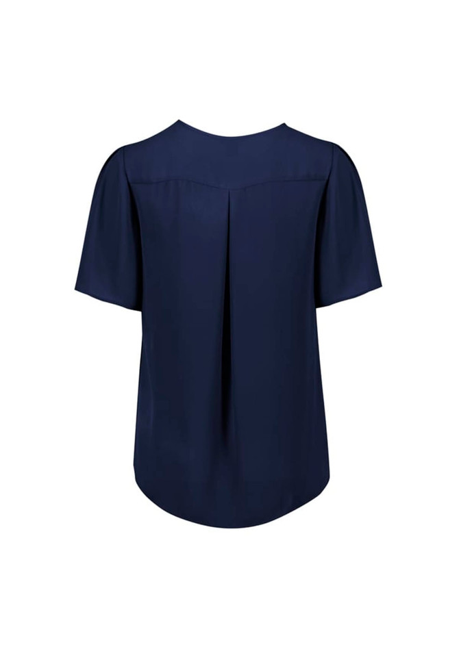 A navy blue women’s short sleeve blouse with a pleated back design and a logo.