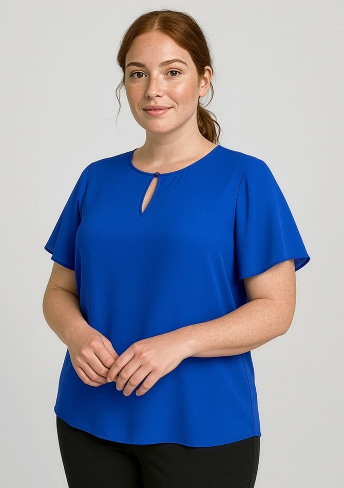 A blue short sleeve blouse with a keyhole detail and a loose fit, featuring a logo on the lower hem.