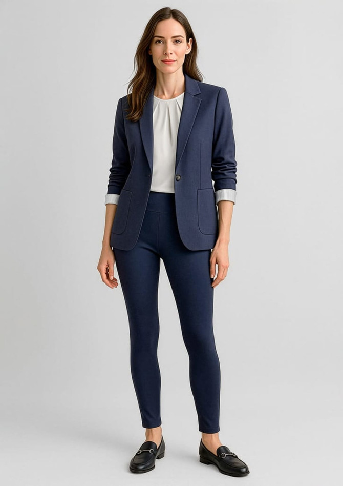 A woman wearing a navy blazer and high-rise navy leggings, styled with a white blouse and loafers.