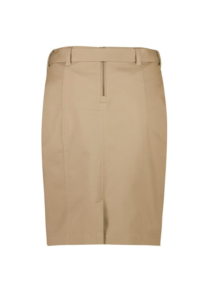 A women's mid waist stretch chino skirt in a light beige colour, featuring a front zip and pockets.