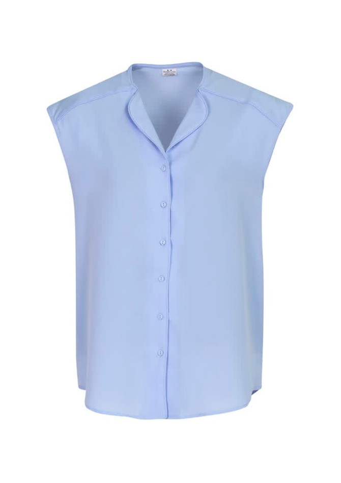 A light blue women's blouse featuring a button-up front and cap sleeves. The top has a subtle sheen and a simple design.