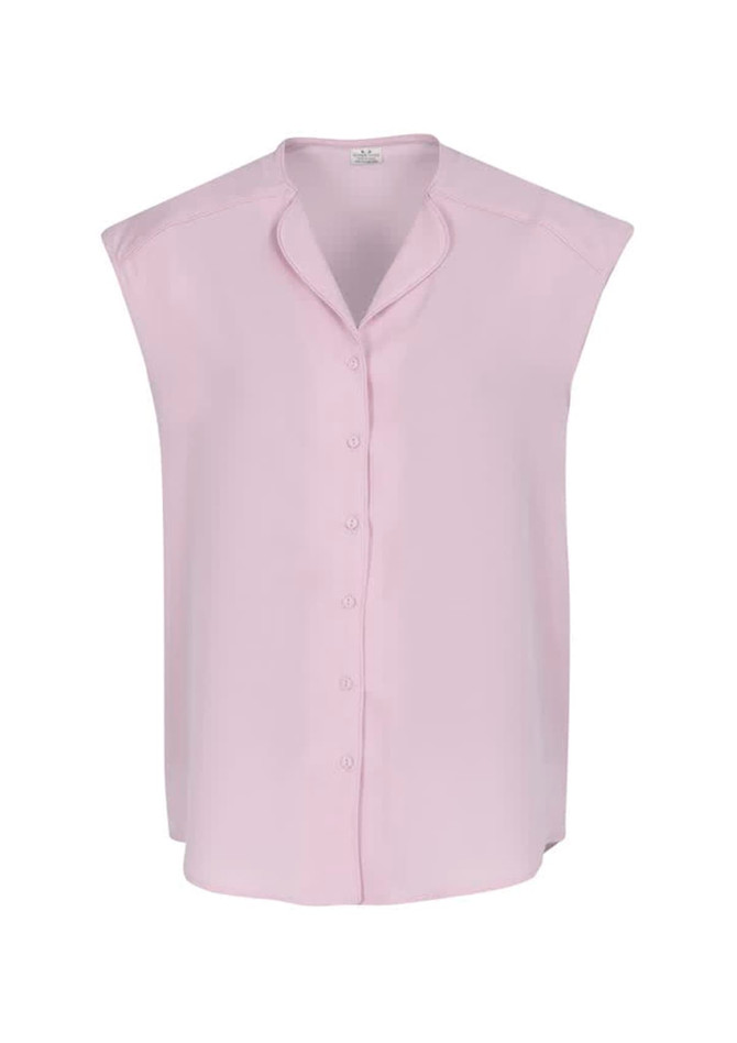 A sleeveless pink blouse with a button-up front and a casual collar. The fabric appears smooth and lightweight.