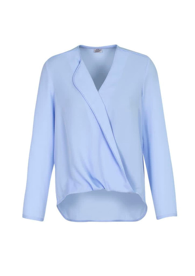 A light blue women's hi-lo blouse with a wrap design and long sleeves, featuring a soft fabric finish.