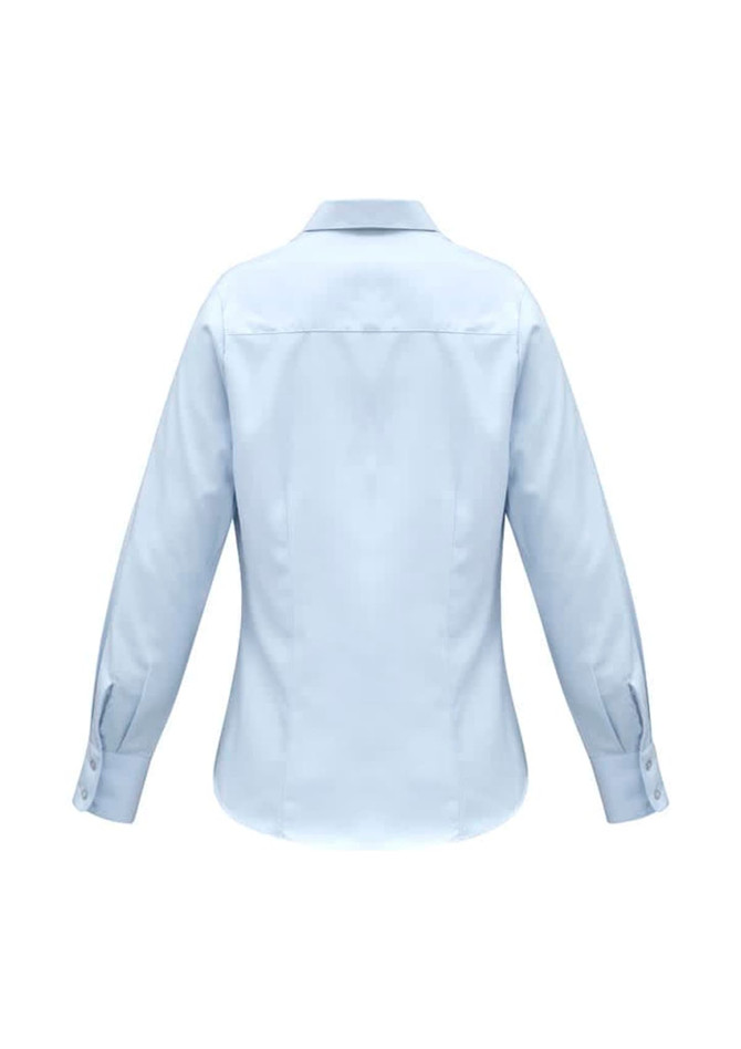A light blue women's long sleeve button-up shirt with a classic collar and cuffed sleeves. Features a logo.