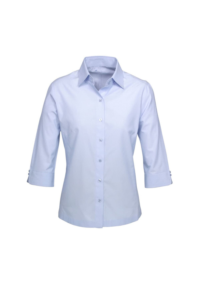 A light blue women's button-up shirt with 3/4 sleeves and a collar. It features a logo on the chest area.