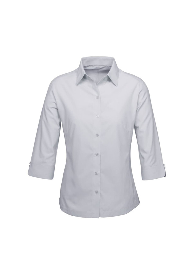 A light grey women's button-up shirt with 3/4 sleeves and a collar, featuring a logo on the chest.