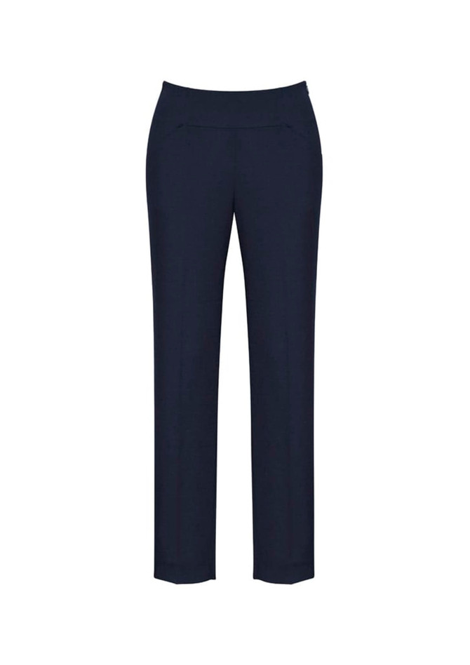 A pair of navy women's slim leg pants, featuring a bandless design, ideal for casual or formal wear.