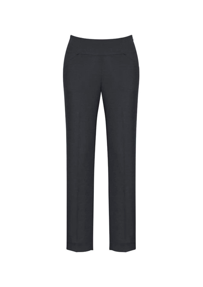 A pair of black slim-leg pants with a bandless design and a front pocket. Features a logo on the waistband.