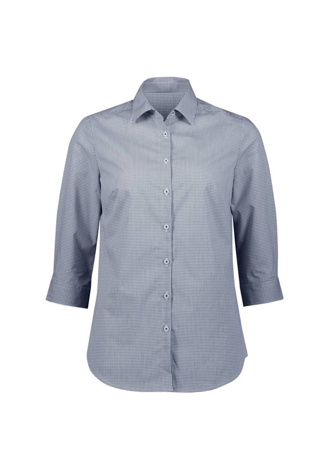 A women's 3/4 sleeve button-up shirt in navy and white gingham pattern, featuring a collar and front buttons.