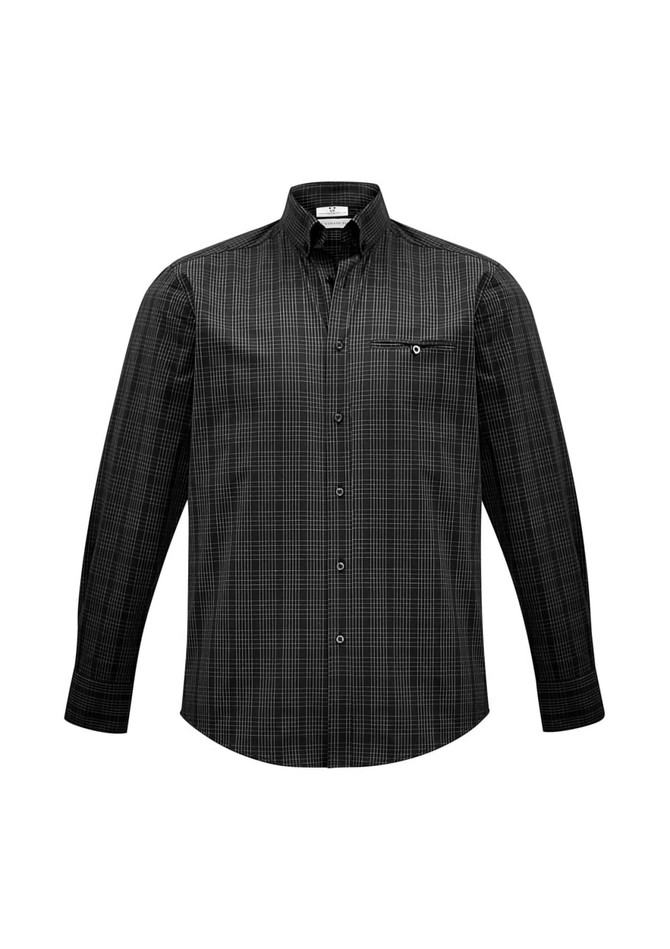 A black and grey plaid long sleeve button-up shirt with a chest pocket and a collar. It features a logo.