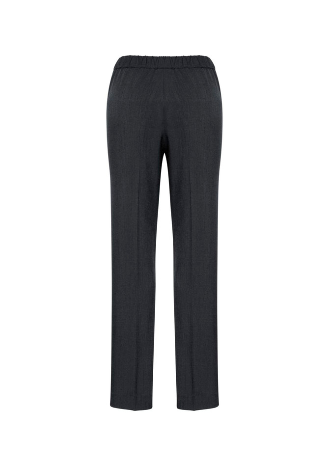 A pair of women's dark grey, ultra-comfort stretch waist pants with an elastic waistband and a sleek design.