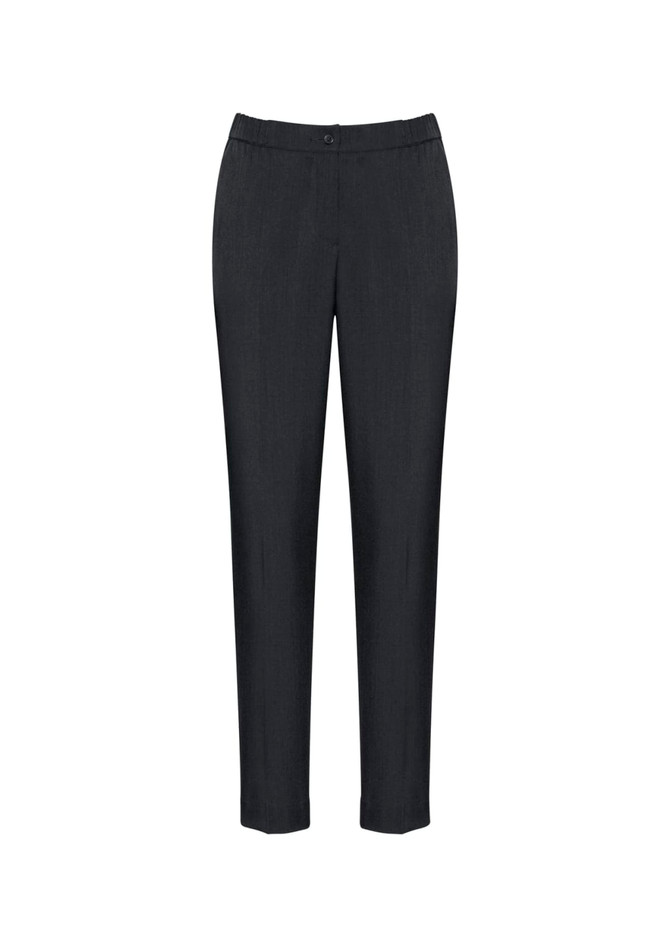 Women’s ultra-comfort waist pants in dark grey, featuring a fitted design and elastic waistband. Includes a logo.