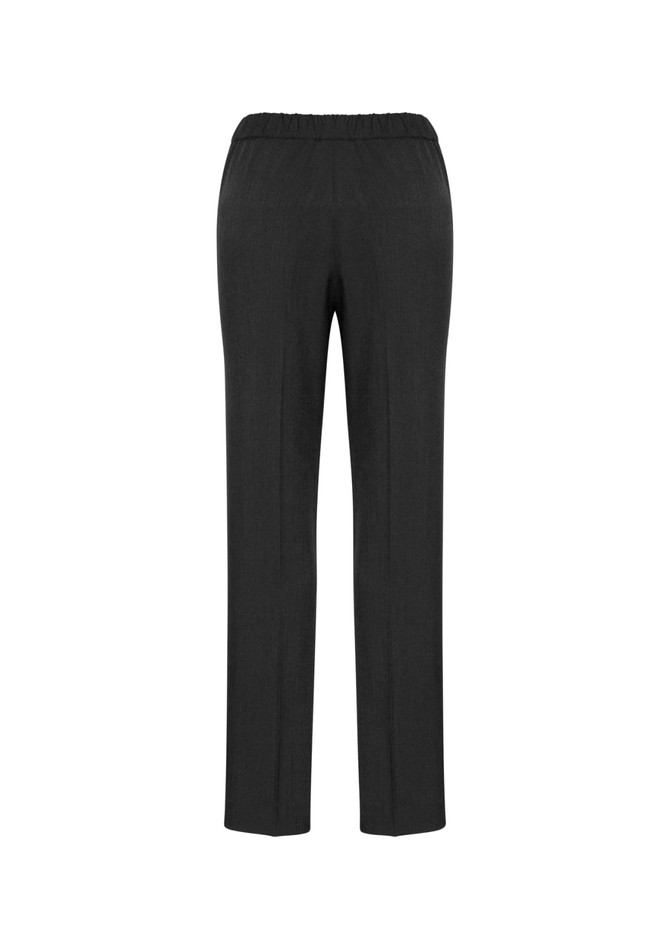 A pair of black women's slacks with an elastic waistband, featuring a smooth, straight-leg design.