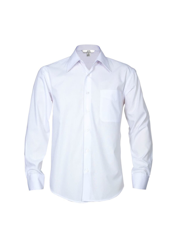 A white long sleeve button-up shirt with a single chest pocket and a logo on the collar.