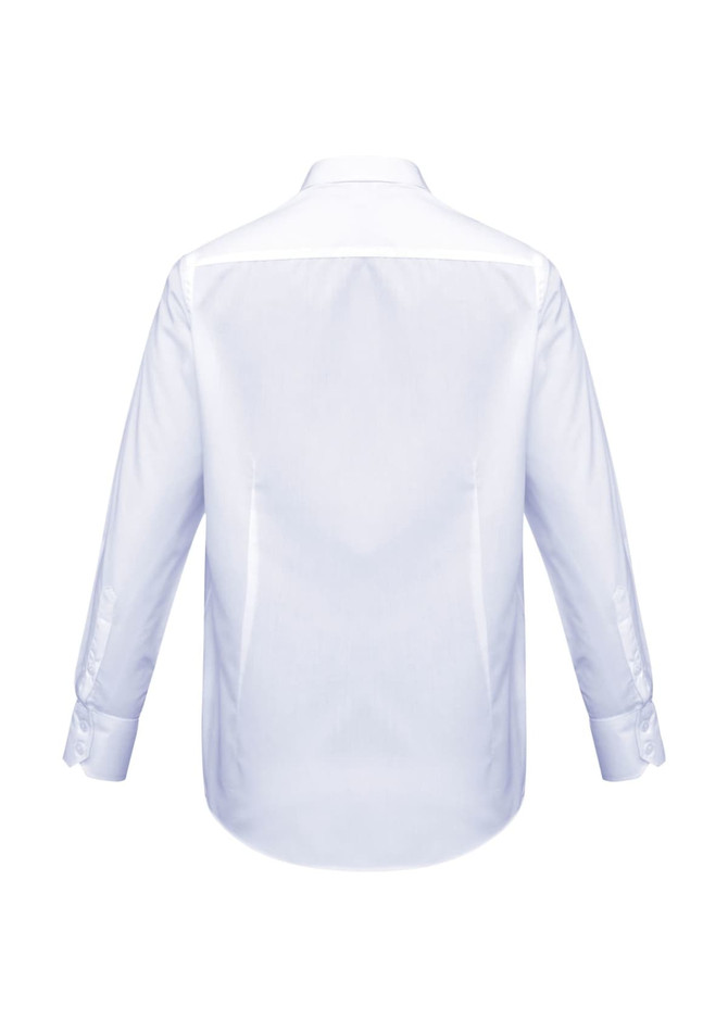 A white men's long sleeve button-up shirt featuring a back view with a logo.
