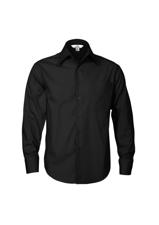 A black long sleeve button-up shirt with a single chest pocket and a collar. It features a logo on the label.