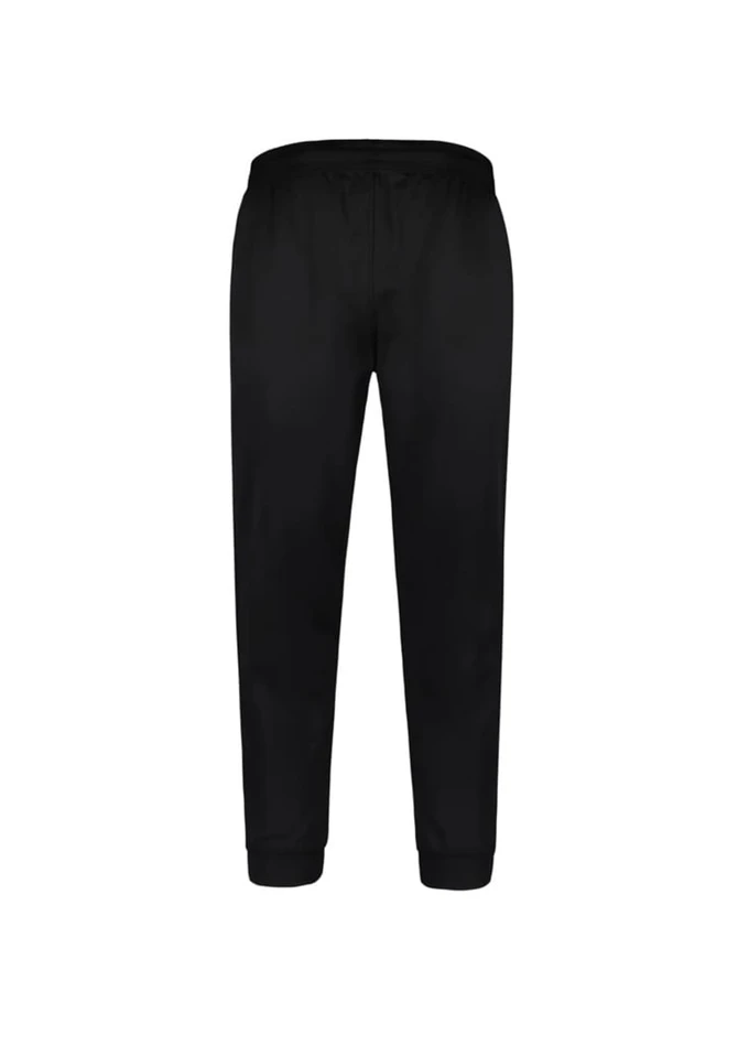 A pair of black track pants with an elastic waistband and cuffs at the ankles. The pants have a plain design and a branding logo.