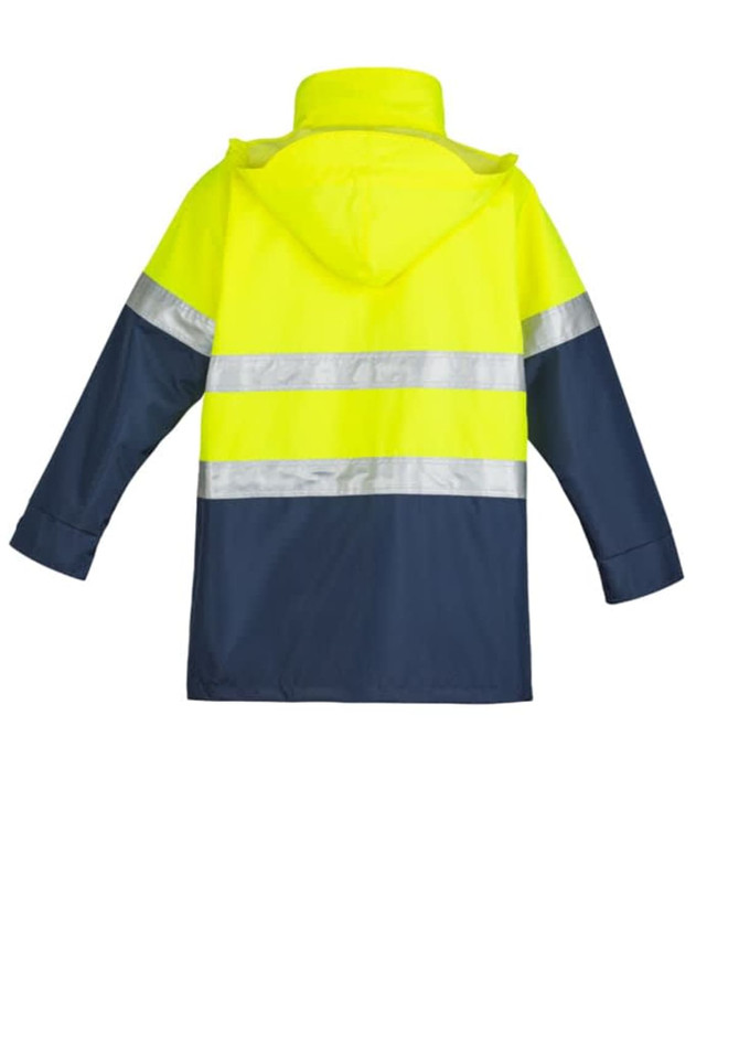 A lightweight waterproof jacket featuring high visibility fluorescent yellow and navy blue colours, with reflective stripes and a hood.
