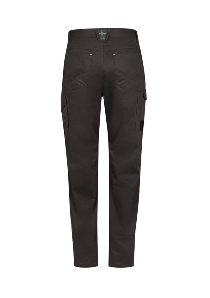 Men's summer cargo pants in black with side pockets and a waistband label.