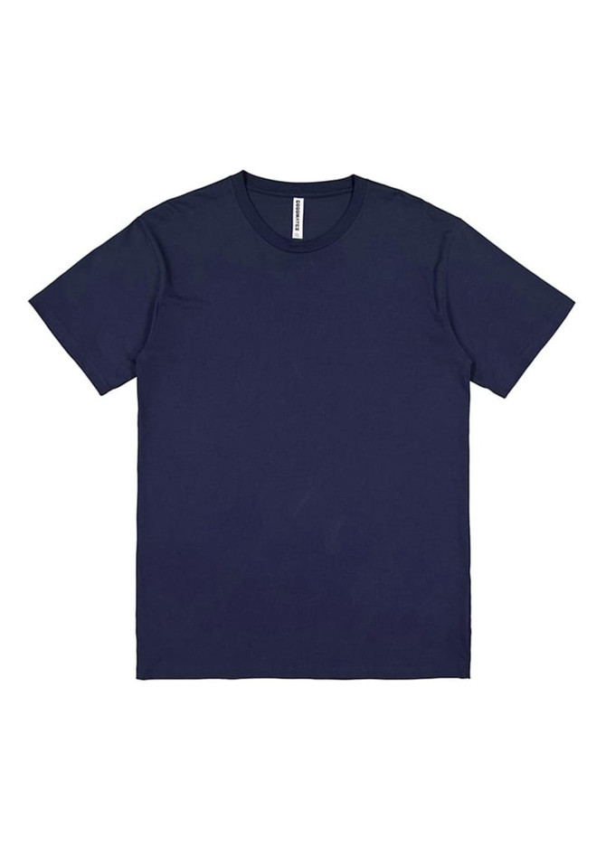 A navy short sleeve tee with a round neckline and a label, featuring a plain design and no visible graphics.