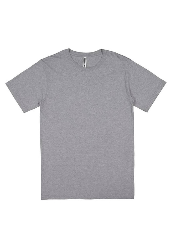 A grey short sleeve men's t-shirt with a simple design and a label at the neckline.