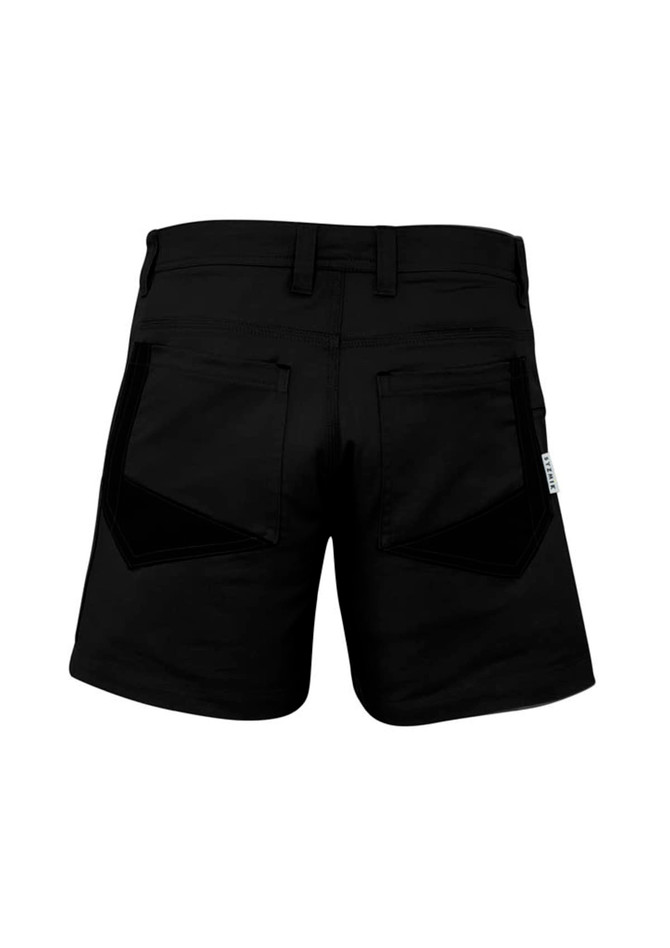 A pair of black men's shorts featuring a sleek design with two back pockets and a logo on the side.