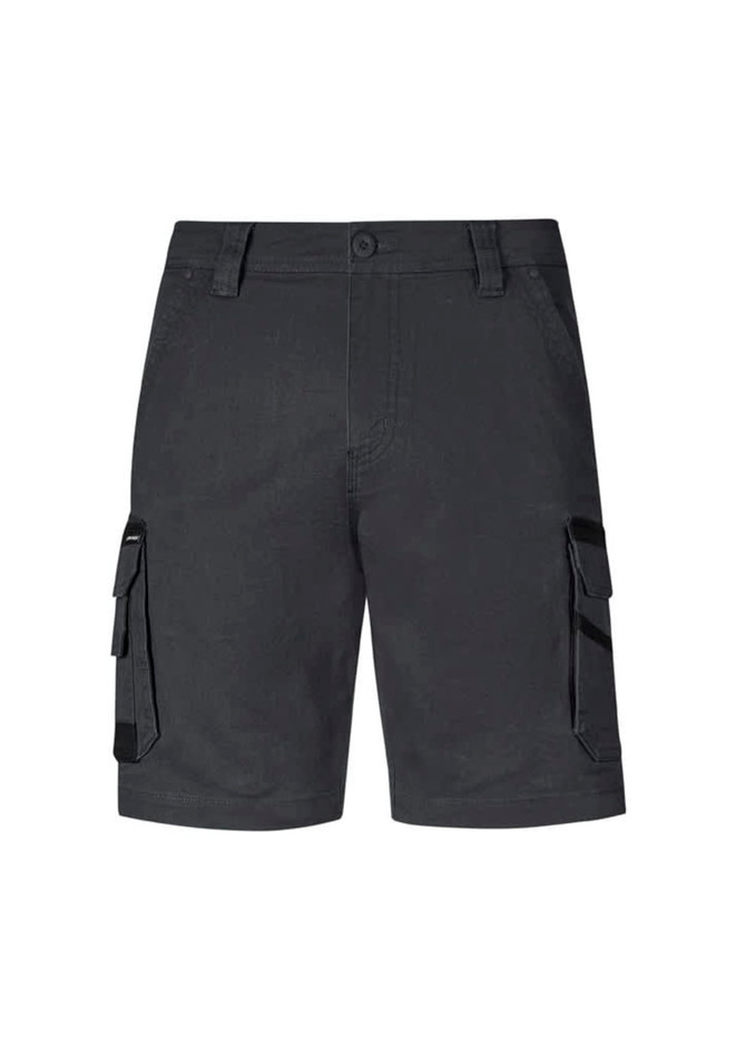 Dark grey men's shorts with cargo pockets and a button closure, featuring a branded logo.