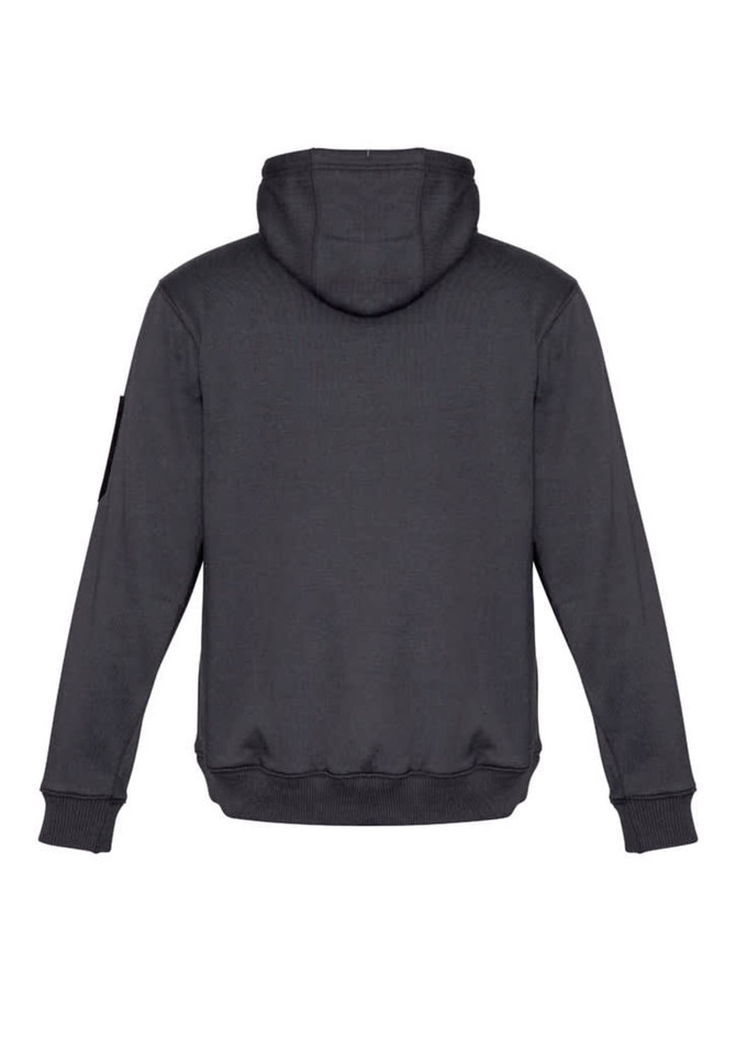 A unisex, grey multi-pocket hoodie with a hood and long sleeves, featuring a logo on the side.