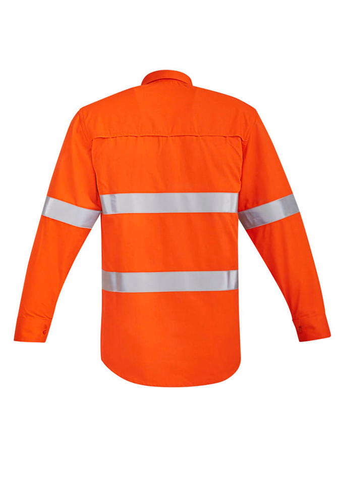 An orange hi-vis work shirt with hoop-taped reflective stripes on the back and long sleeves.