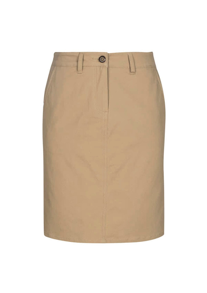 A khaki women's skirt featuring a front button closure and two side pockets. It has a simple and classic design.