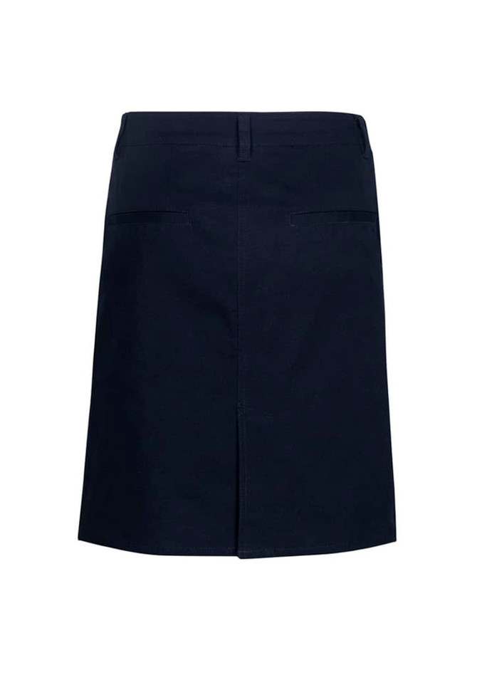 A navy women's skirt featuring a back vent and two back pockets, with a brand logo on the waistband.