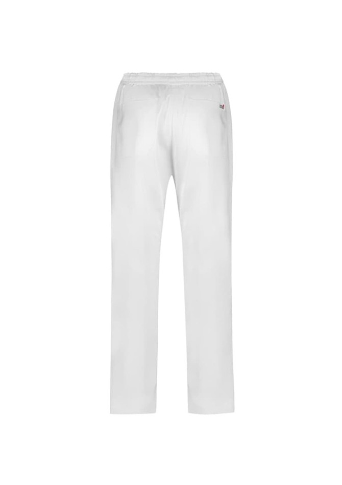 A pair of white track pants with an elastic waistband and minimal branding on the back.