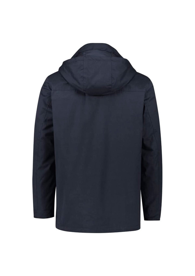 A dark navy men's jacket with a hood, featuring a minimalist design and a subtle logo on the back.