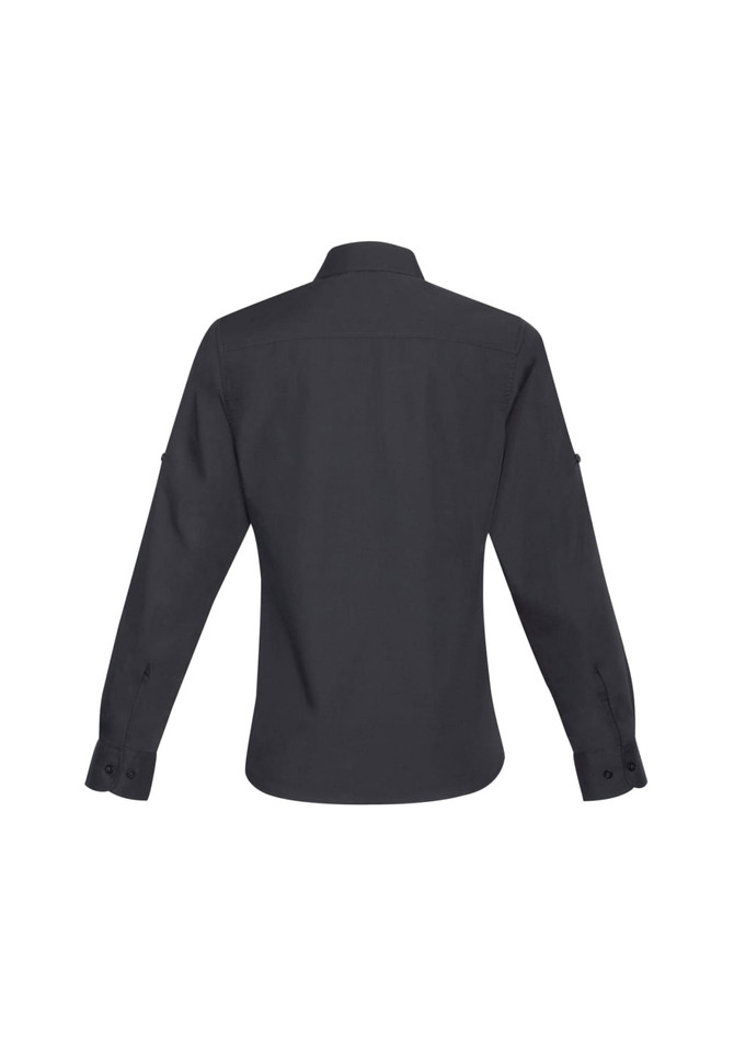 A long-sleeve black button-up shirt with a collar and rolled sleeves, featuring a logo on the back.