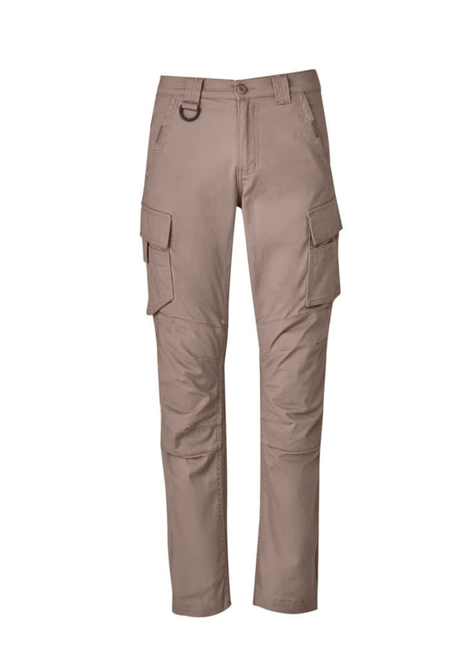 Curved cargo pants in a beige colour, featuring multiple pockets and a looping strap. Includes a branding logo.