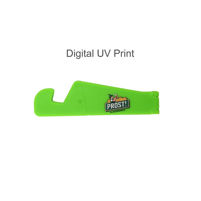 A V-shaped iPhone and iPad stand in bright green with a logo on one side.