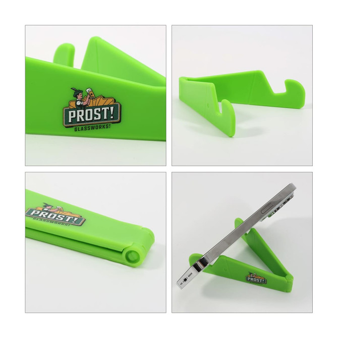 A V-shaped phone stand in vibrant green, featuring a logo, designed for holding devices securely.
