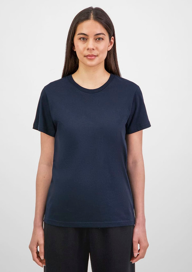 A women's short sleeve tee in navy blue, featuring a simple design and a logo on the garment.