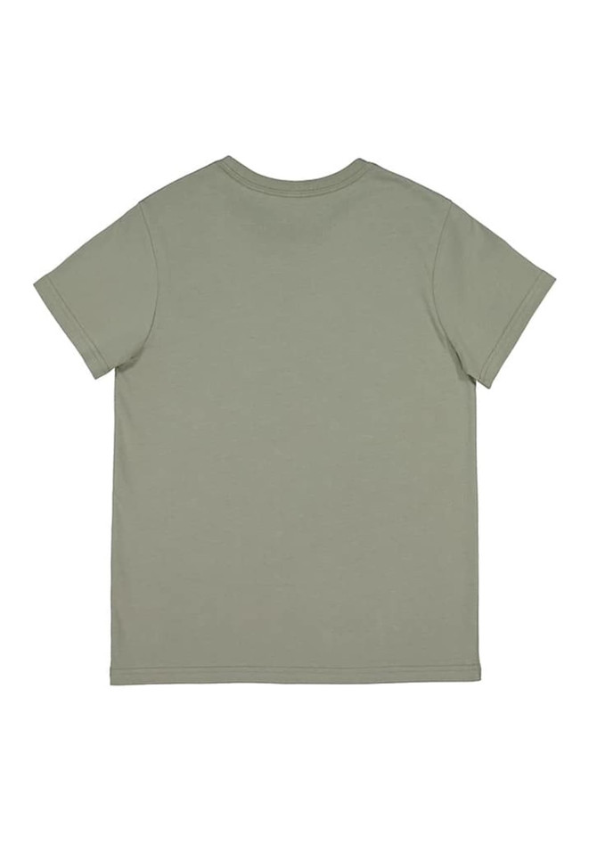 A green short sleeve T-shirt featuring a simple design and a logo on the back.
