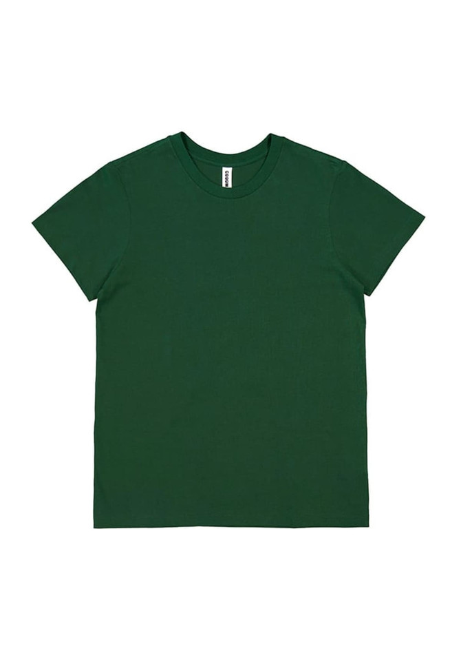 A green women's short sleeve t-shirt with a round neckline. The shirt features a simple design and a logo.