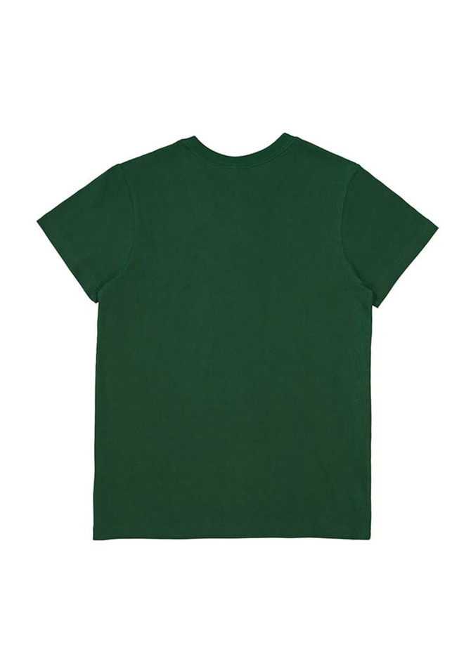A green short sleeve women's t-shirt with a plain back. The shirt features a logo.
