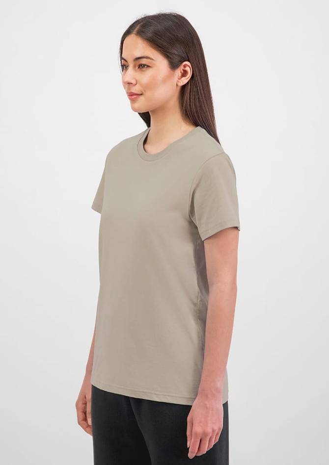 A beige short sleeve women's t-shirt with a round neckline, featuring a logo on the front.