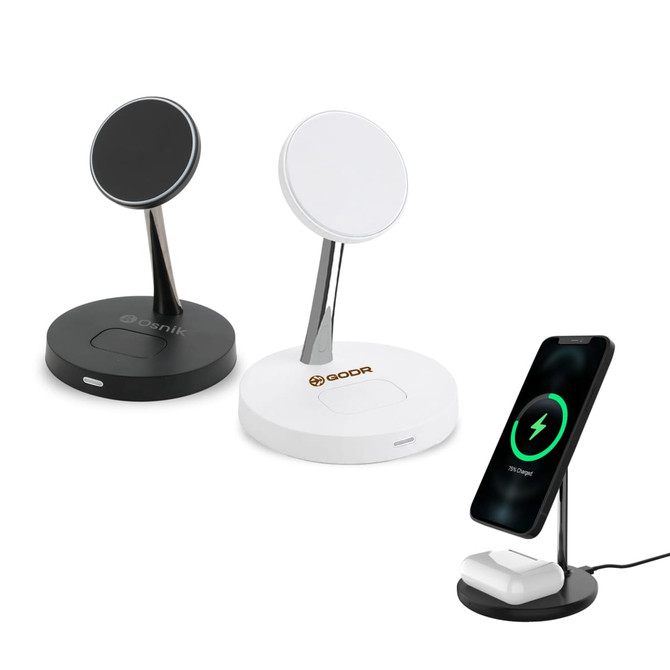 A 2-in-1 wireless charger in black and white, featuring a stand for a phone and an additional space for earbuds.
